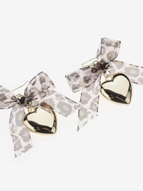 Gold Heart Drop Earrings with Leopard Print Bow Accent